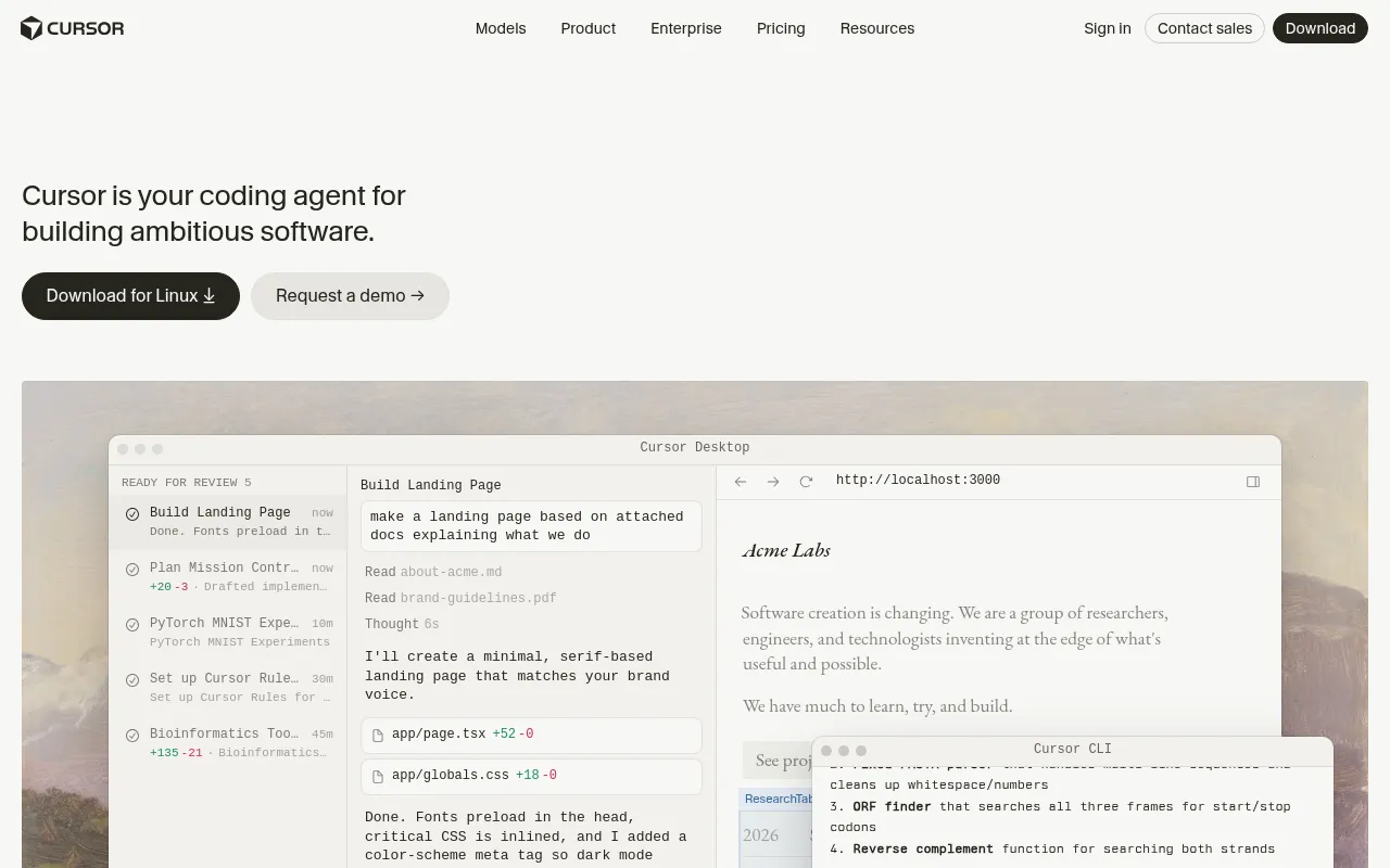 Generic coding agents (Cursor, Claude Code) homepage screenshot