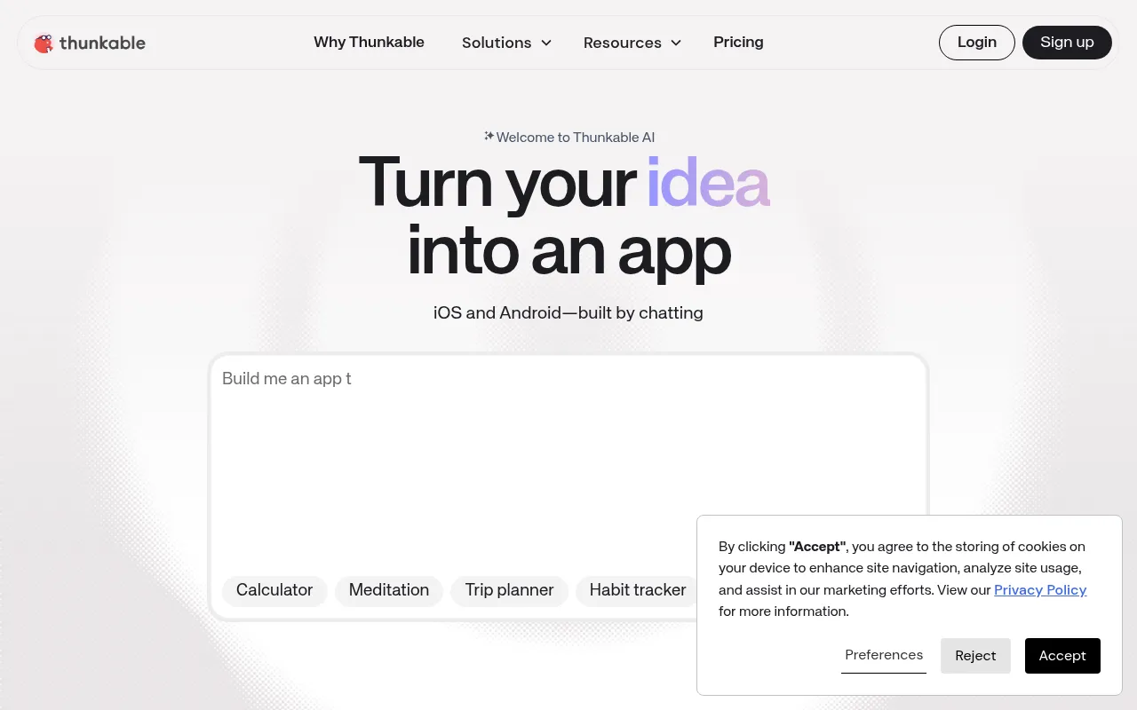 Thunkable homepage screenshot