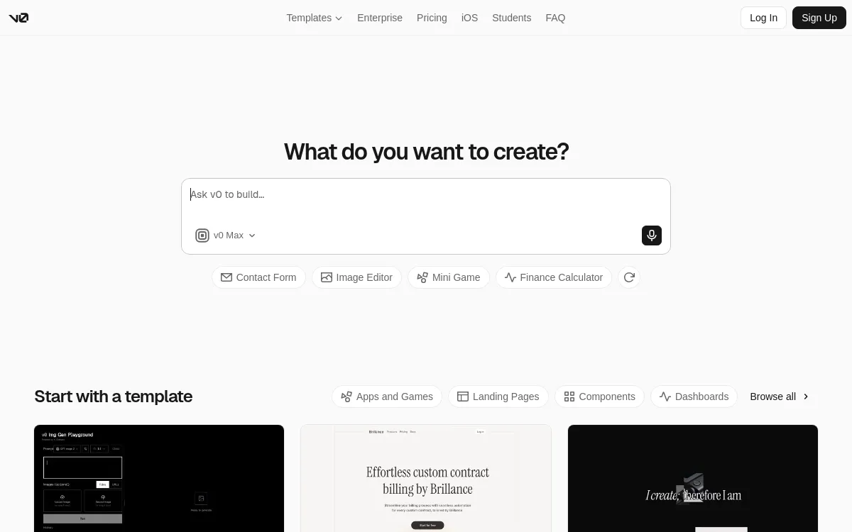 v0 homepage screenshot